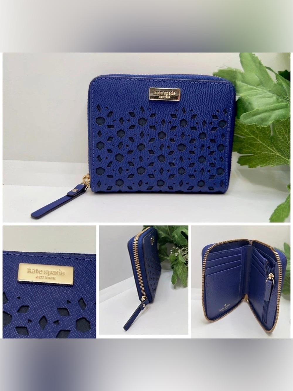NWT Kate Spade New York Blue Perforated Zip Around Wallet